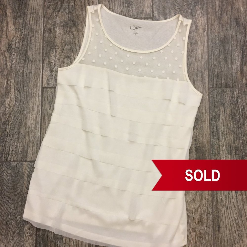 🍉 LOFT White Polka Dot Chiffon Knit Ruffle Top